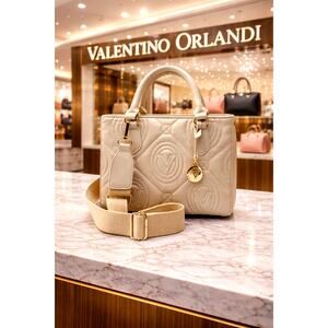 Valentino Orlandi Large Quilted Logo Tote Bag Top Handle Crosbody Beige